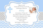 Beautiful blue and white Christening & Baptism Invitation, stylish design with a photo of your child Ref C70